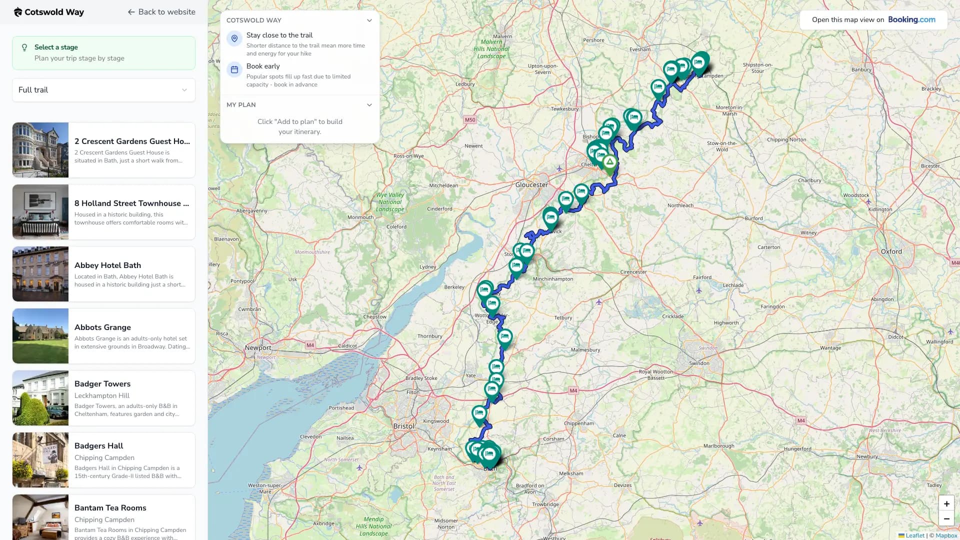 Planner map view with stages and accommodation along the trail